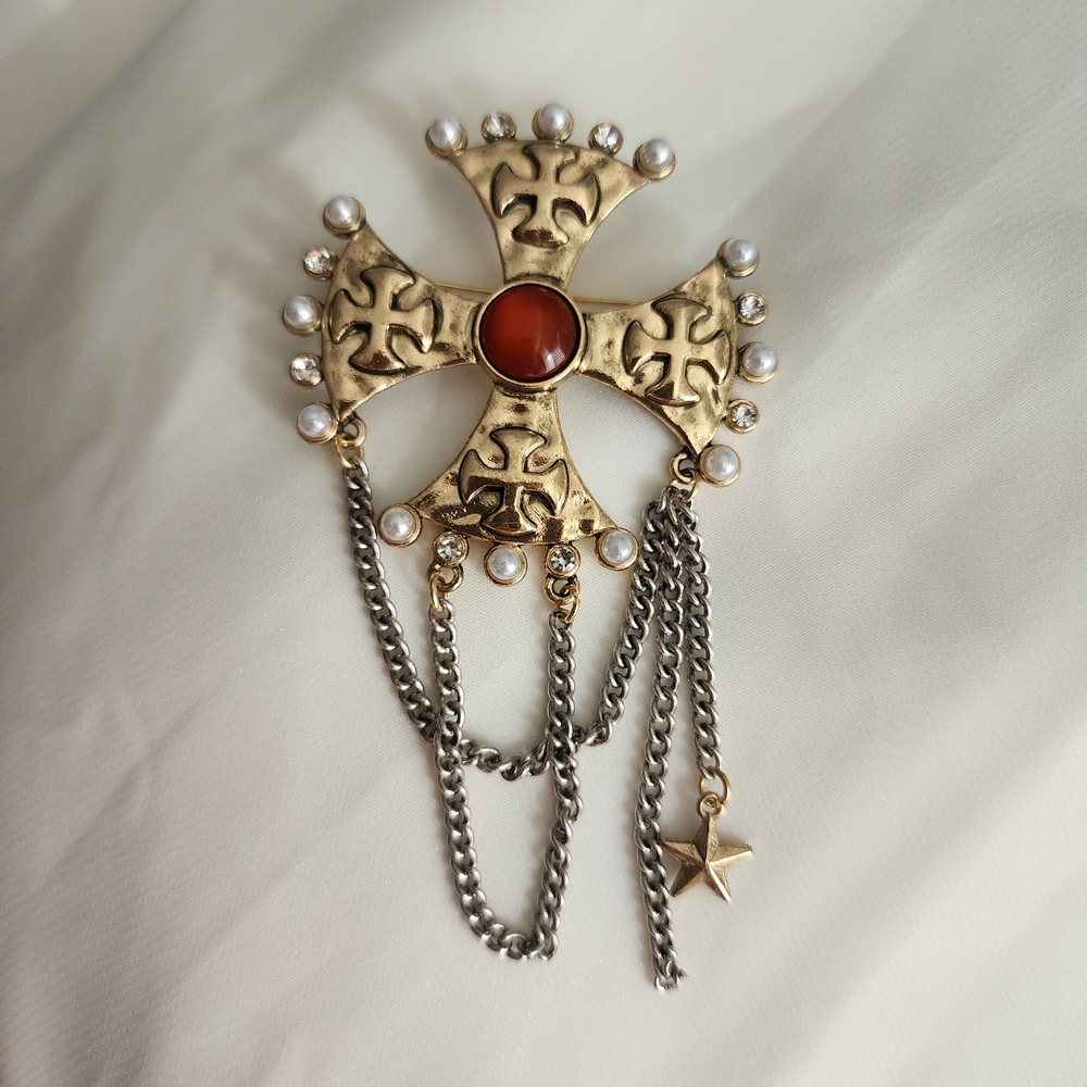 Gold & Silver Tone Cross Pattee Brooch with Pearls & Stars Chain Detail
